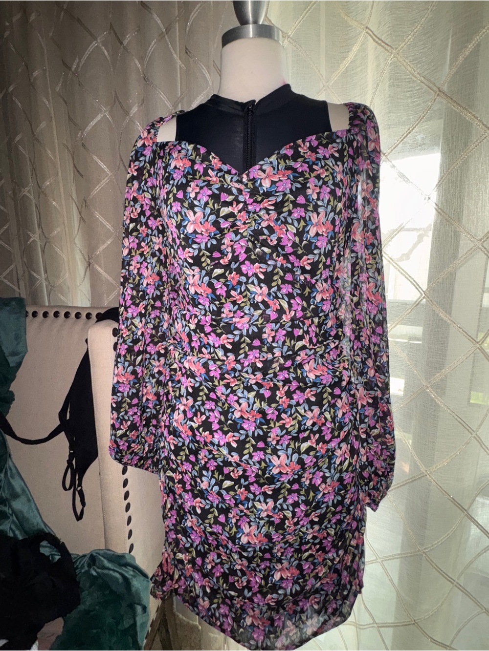 Floral Off-Shoulder Black Dress with Pink & Purple Blooms